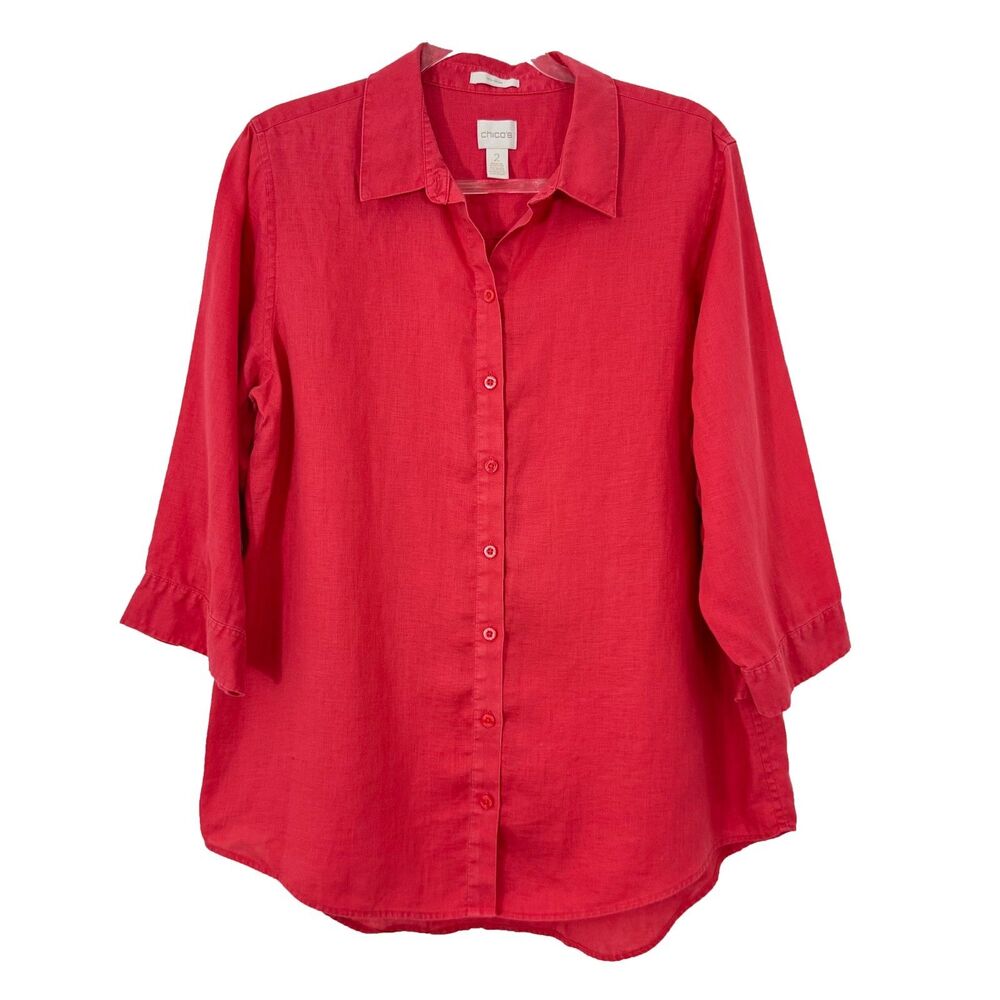 CHICO'S Non Iron Linen Button Up Shirt 2 L Coral Pink Top Great Condition B7